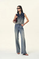 Jeans de pierna ancha Calli con tachuelas en denim de algodón