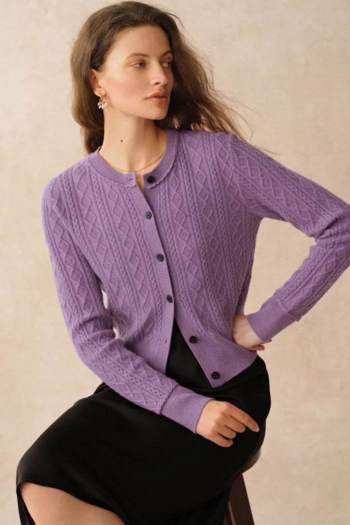Jinji Purple Lace Trim Light Short Cardigan in Wool Cable Knit