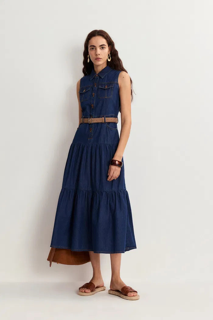 Mila Pocketed Tiered Dress in Cotton Denim