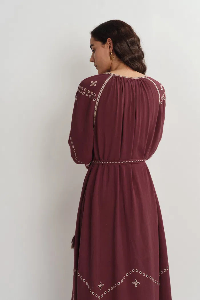 Antonia European Inspired Openwork Embroidery Maxi Dress in Linen Viscose Blend