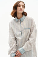 Daisy Denim Collar Striped Shirt in Cotton Seersucker
