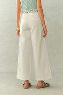 Danielle Waistband Embroidered Wide Leg Ankle Pants in Cotton Blend Texture