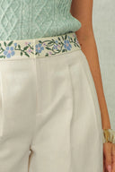 Danielle Waistband Embroidered Wide Leg Ankle Pants in Cotton Blend Texture