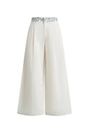 Danielle Waistband Embroidered Wide Leg Ankle Pants in Cotton Blend Texture