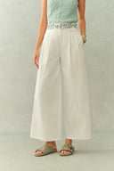 Danielle Waistband Embroidered Wide Leg Ankle Pants in Cotton Blend Texture