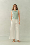 Danielle Waistband Embroidered Wide Leg Ankle Pants in Cotton Blend Texture