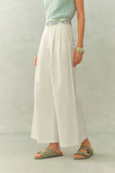 Danielle Waistband Embroidered Wide Leg Ankle Pants in Cotton Blend Texture