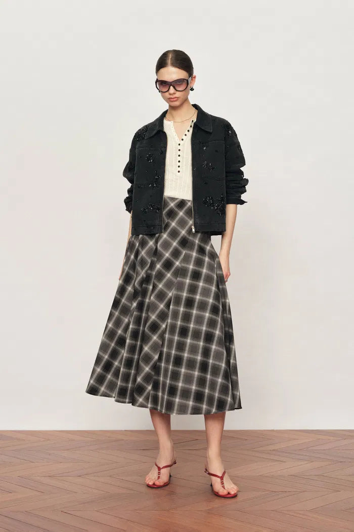 Xaviera Checkered Maxi Skirt in Fine Wool Blend