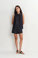 Zach Sleeveless Top and Shorts Matching Set in Silk-Cotton Denim