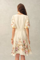 Eve Handpainted Floral Belted Puff Sleeves Dress in Silk Linen Blend