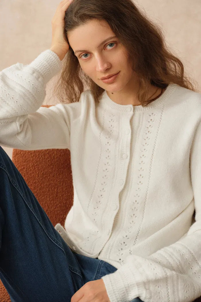Elodie Floral Wheat Ear Cutwork Cardigan in Wool-Cashmere Rib Knit