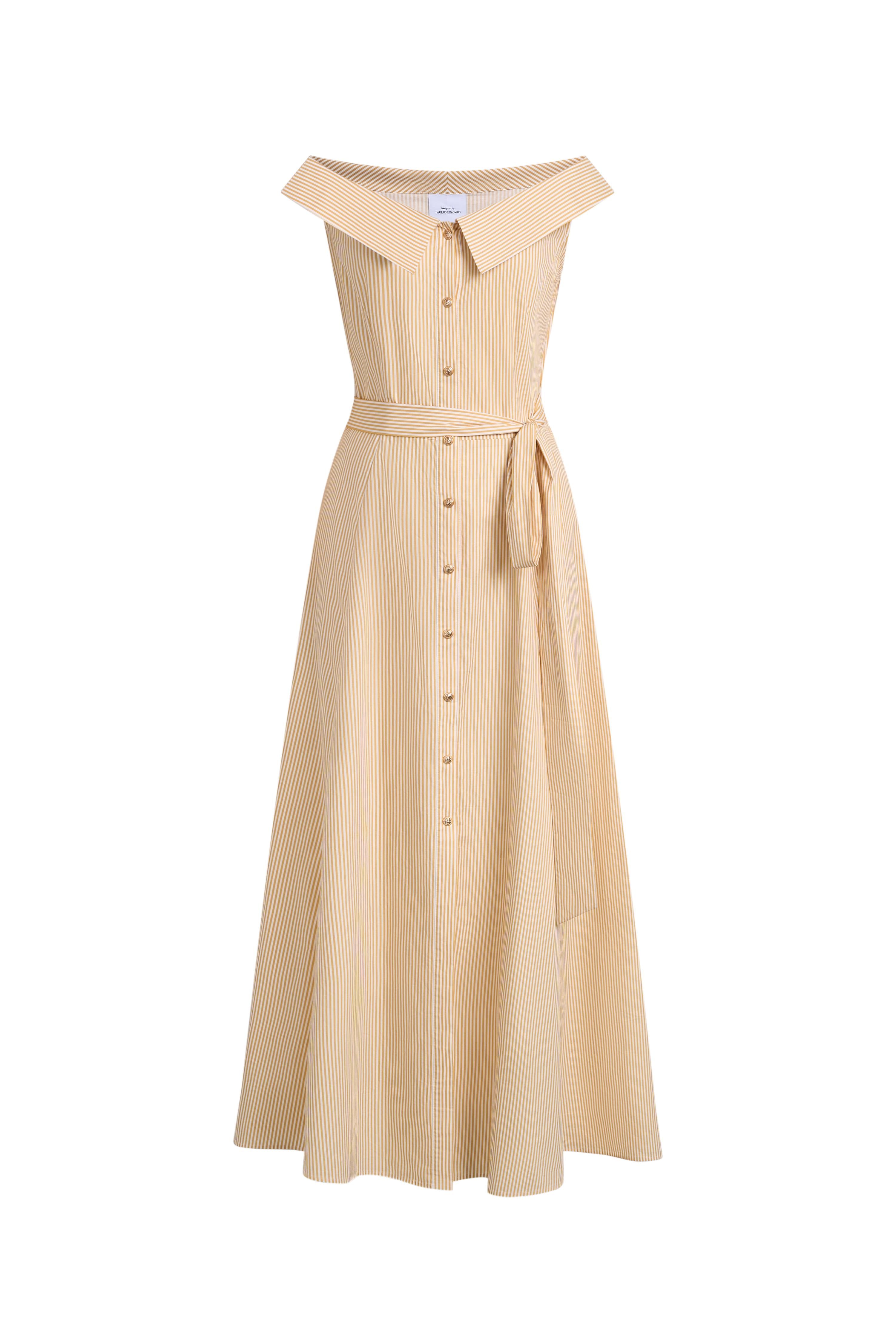 Claudia Striped Off Shoulder Collared Belted Sleeveless Shirt Dress in –