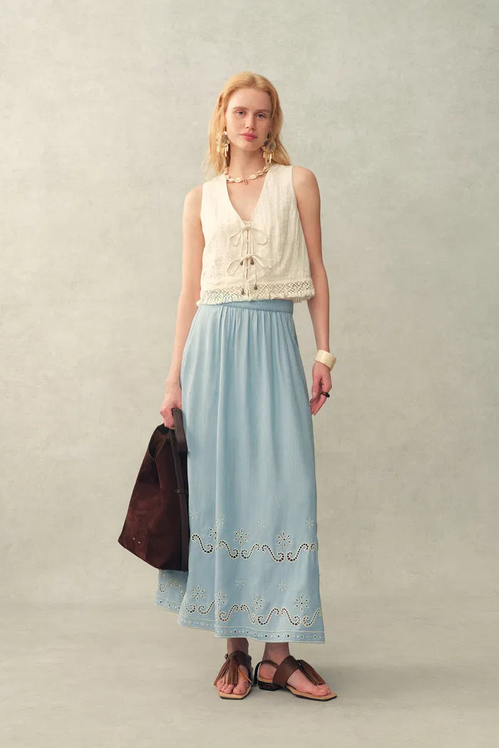 Shirley Eyelet Embroidered Washed Light-Blue Denim Skirt in Tencel Denim