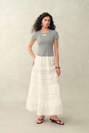 Eva Scalloped Lace Trim Fitted Sleeve T-shirt in Hollow Knitting