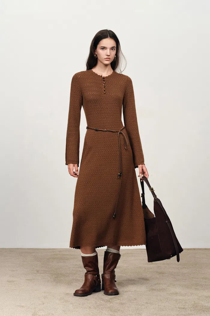 Clara Waxed Cord Belt Bell Sleeve Maxi Dress in Merino Wool Knit