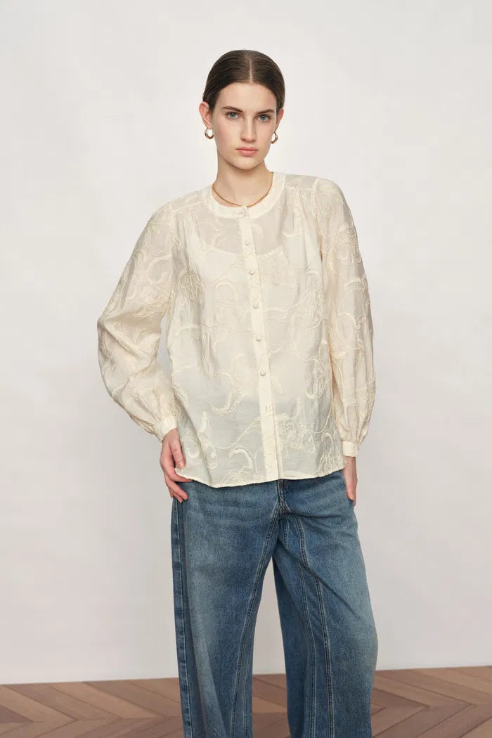 Veyra Embroidered Collarless Shirt in Lightweight Cotton Blend