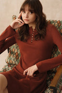 Emily Red Henley Collar Fitted Short Dress in Merino Wool Knit