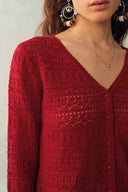 Vila Openwork Textured Lace-Trim V-Neck Knit Cardigan In Fine Cotton Yarn