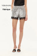 Crystalline Silver Sequin Lace Trim Shorts in Sequin Mesh