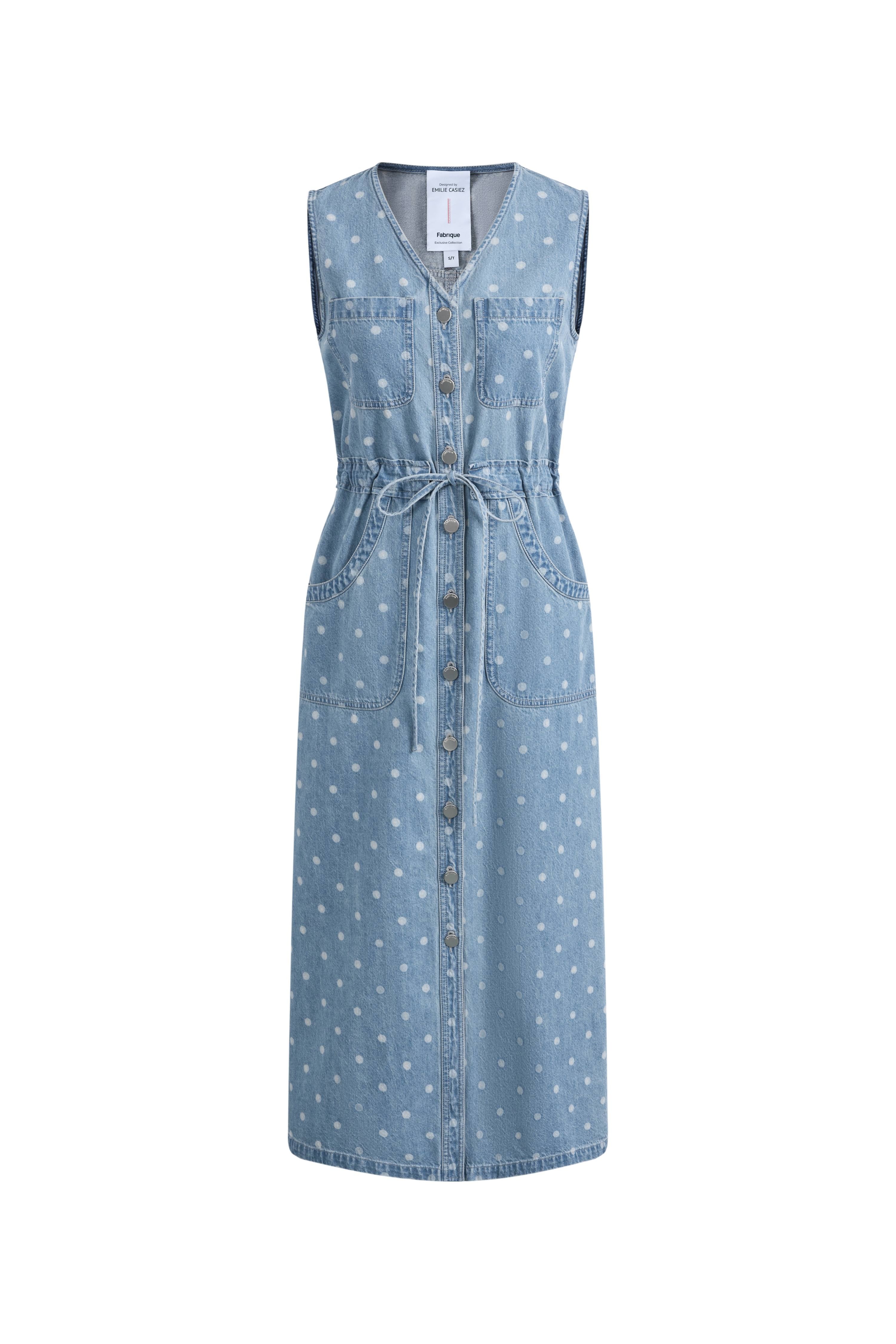 June Faded Polka-Dot Drawstring Waist Sleeveless Dress in Lightweight Cotton Denim XL