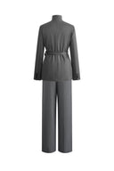 Kano Single Button Tie Waist Blazer and Pants Matching Set in Fine Wool Blend