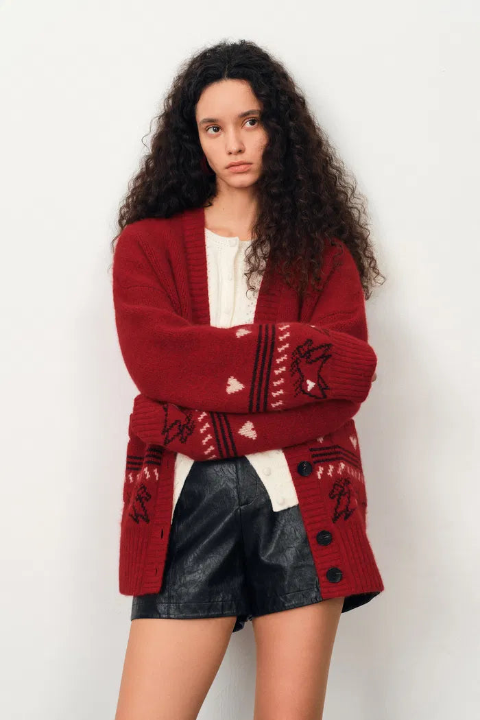 Sara Fair Isle Pony Cardigan in Angora Raccoon Knit Blend