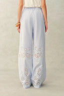 Lone Striped Embroidered Sleeveless Lace Trim Cami Top and Pants Set in Crinkled Cotton