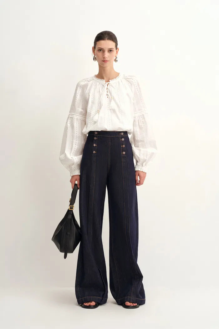 Margot Hand Sewn Double Breasted Buttons Baggy Jeans in Cotton Denim