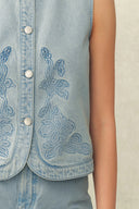 Perla Embossed Flowers Sleeveless Round Neck Top and Skirt Matching Set in Cotton Denim