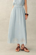 Yori Floral Cutwork Embroidery A Line Maxi Skirt in Linen Blend