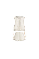 Charlie Boho Mother of Pearl Studded Side Tassel Tie Vest Top and Shorts Set in Cotton Denim