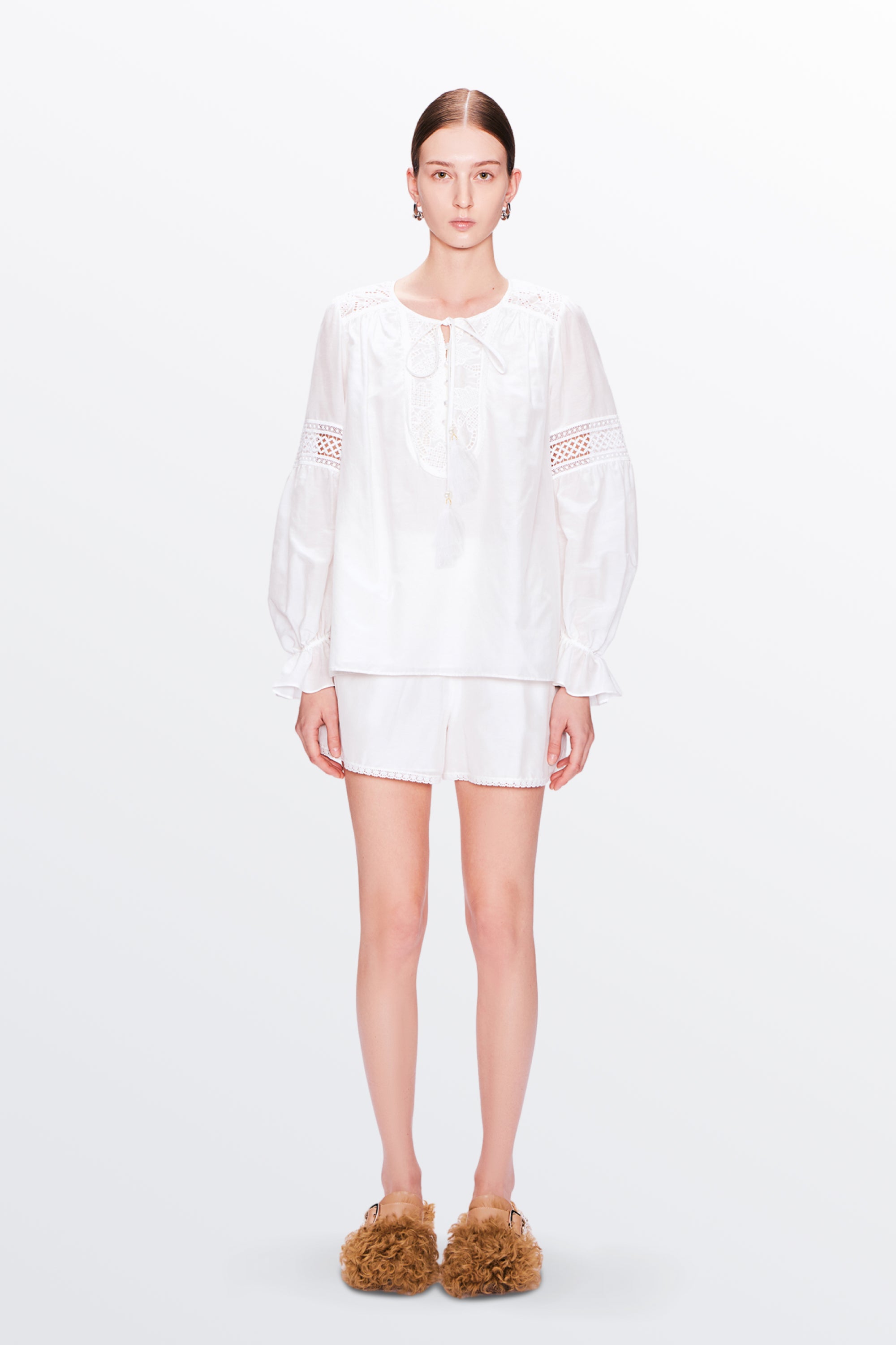 Bea Embroidered Blouse and Shorts Set in Silk Cotton Blend