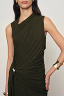 Delilah Olive Asymmetric Draped Sleeveless Dress in wool Blend Knit