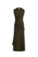 Delilah Olive Asymmetric Draped Sleeveless Dress in wool Blend Knit