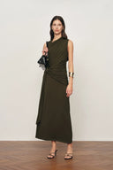 Delilah Olive Asymmetric Draped Sleeveless Dress in wool Blend Knit