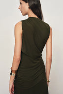 Delilah Olive Asymmetric Draped Sleeveless Dress in wool Blend Knit
