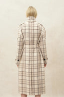Fleur Textured Plaid Belted Long Coat in Wool Blend