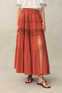 Kalia Lace Embroidery Pleated Cap Sleeve Top and Maxi Slit Skirt Set in Cotton Jacquard