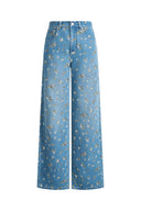 Dorel Floral Print Straight Leg Jeans in Linen Blend Denim