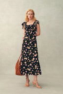 Robe florale peinte à la main Anais avec bretelles à nouer en crêpe de Chine stretch en soie pivoine