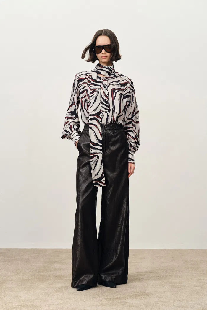 Shakti Hand Painted Zebra Print Flowing Tie Blouse in Silk-Wool Fine Twill
