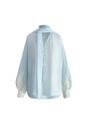 Paz Blue Embroidered Top in Silk-Linen Blend