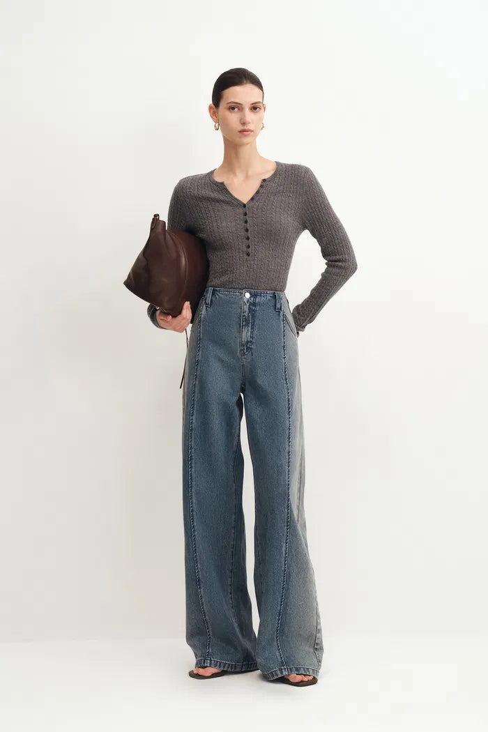 Paz Yellowish Baggy Washed Jeans in Cotton Denim