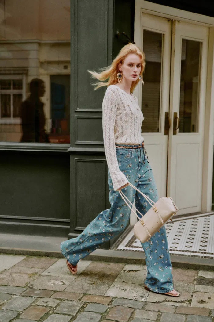 Dorel Floral Print Straight Leg Jeans in Linen Blend Denim