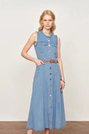 Nova Woven Strap Detail Sleeveless Denim Dress in Cotton-Linen Denim