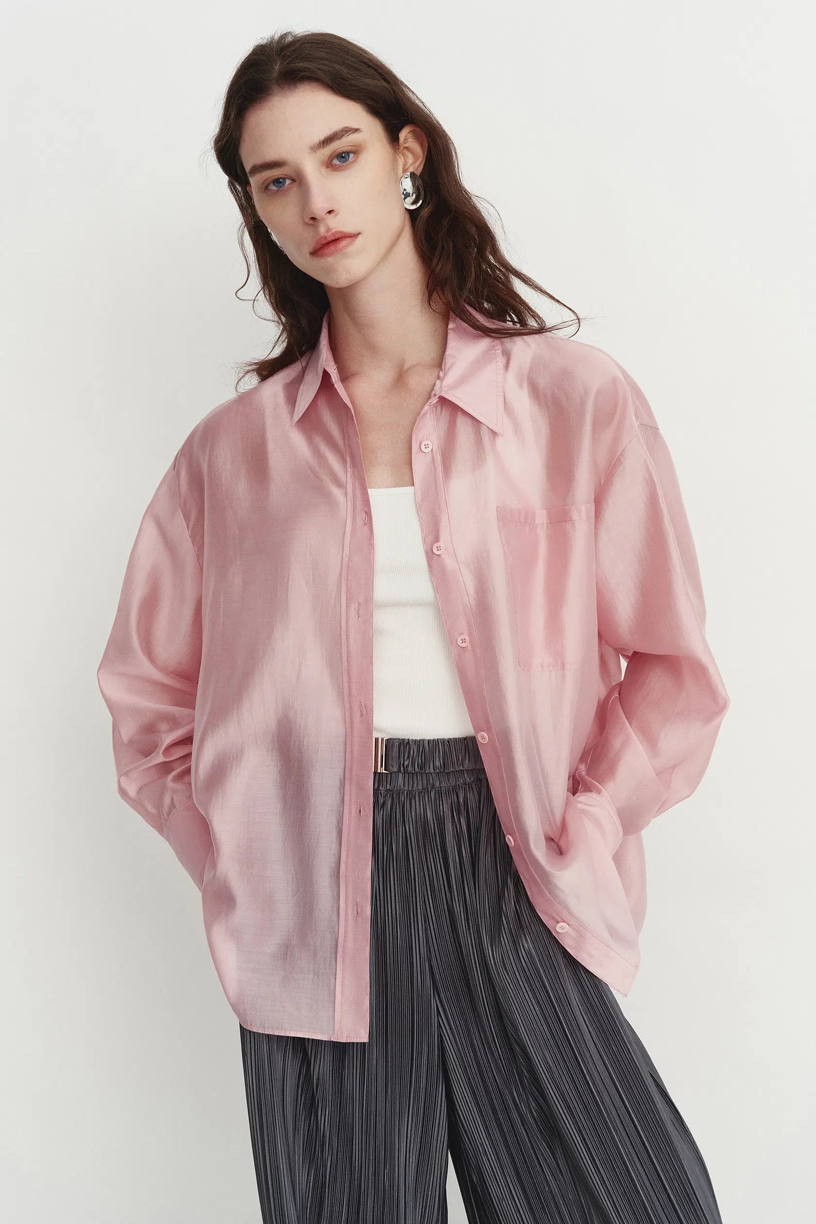 Bella Pink Sheer Button-Up Shirt in Organza S