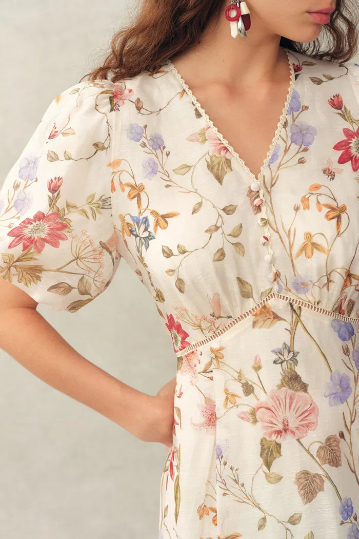 v neck puff sleeve dress Willa Floral Print V Neck Puff Sleeve Dress in Silk Linen Organza – fbrq.com