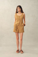 Suzane Handwork Stitched Scalloped Trim Sleeveless Top in Linen Blend Suiting