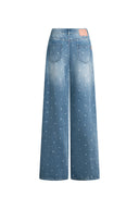 Elyra Polka Dot Straight Wide Leg Jeans in Lightweight Cotton Denim