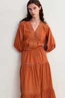 Elli Embroidery Puff Sleeve Blouse Top and Maxi Skirt Matching Set in Cotton